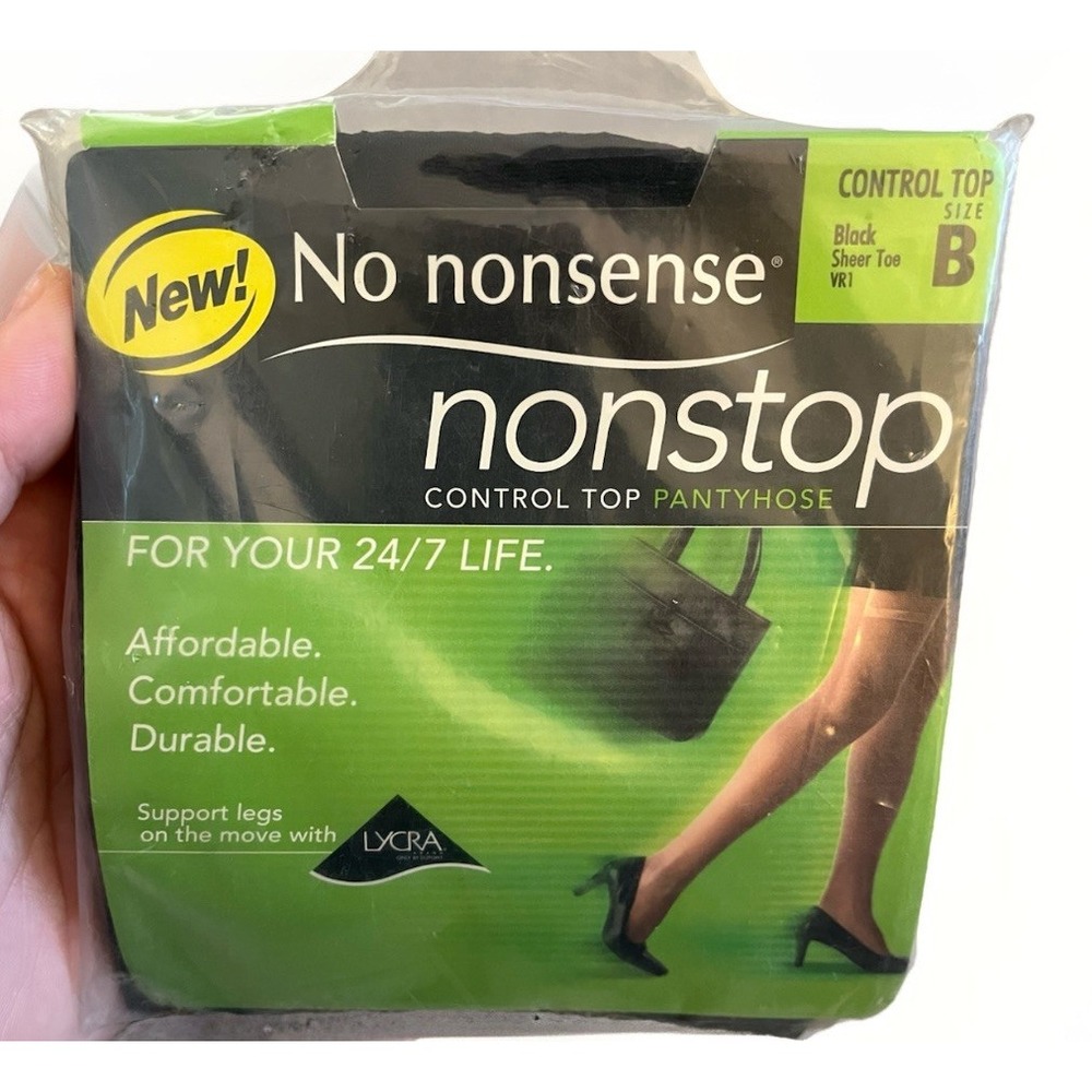 NEW No Nonsense Nonstop Control Top Black‎ Pantyhose Size B Sheer Toe VR1